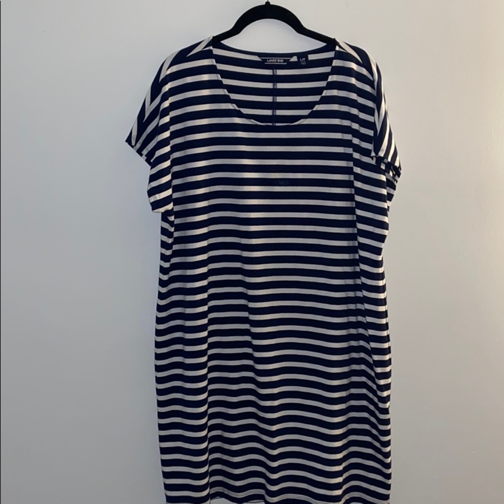 Lands End Navy and White Striped T-Shirt Dress, LP